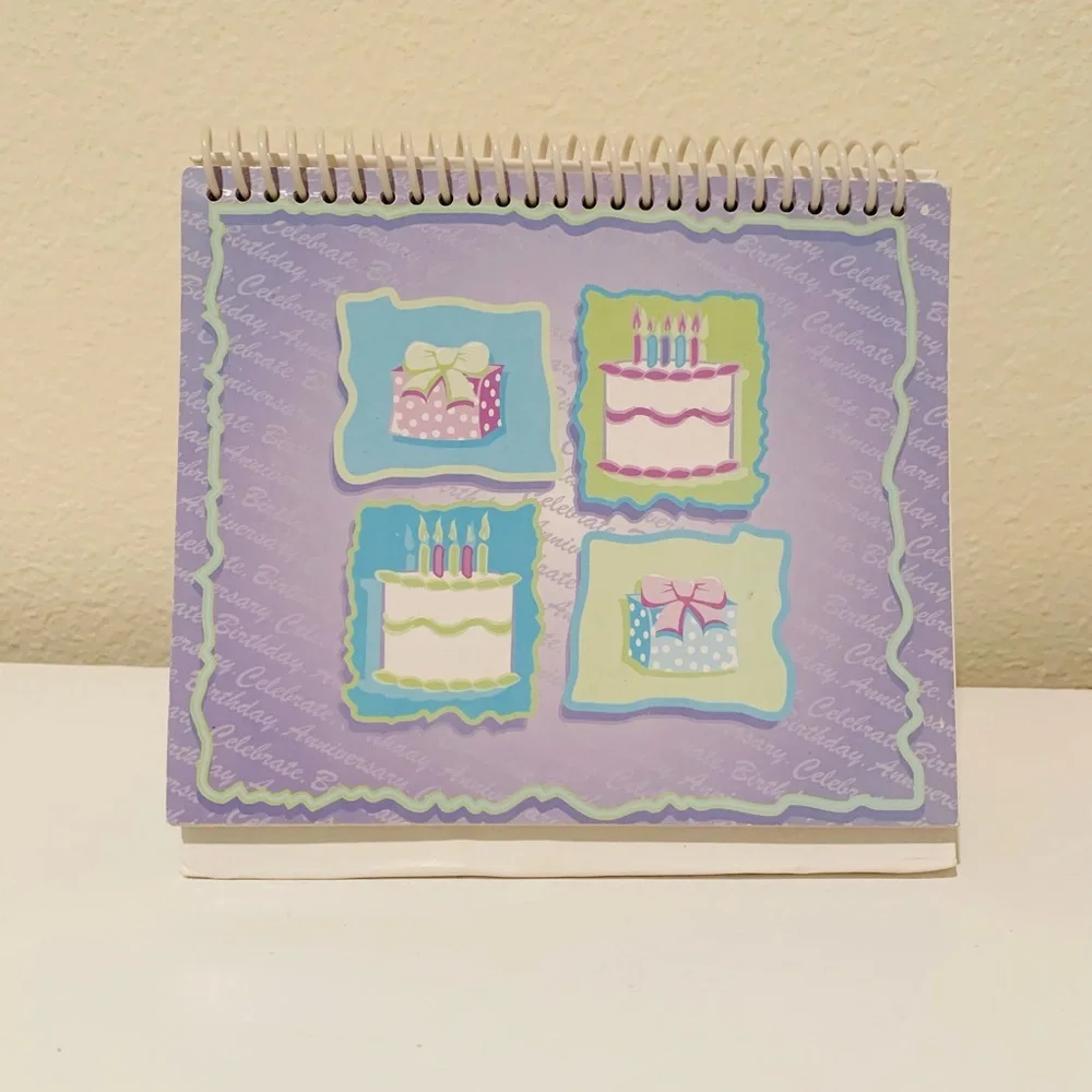 NWOT Small Pastel Desktop Standing Monthly Flip Calendar- Cake & Present Design